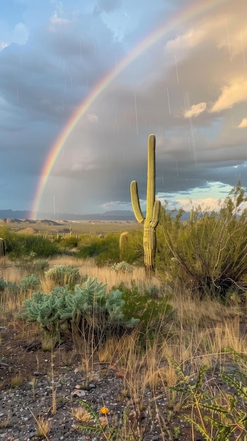 Photo a rainbow is seen over a desert landscape with a cactus in the foreground