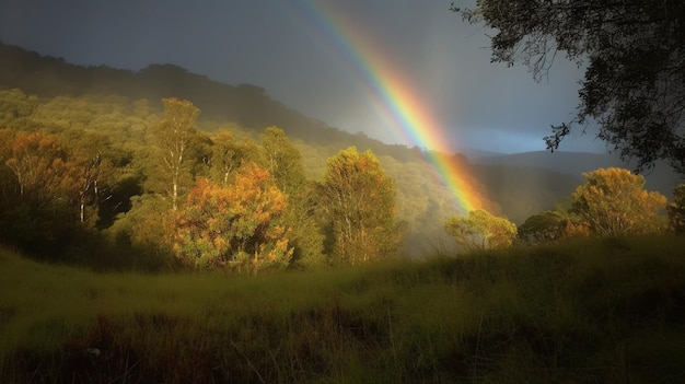 A rainbow is seen in the distance in the mountains.