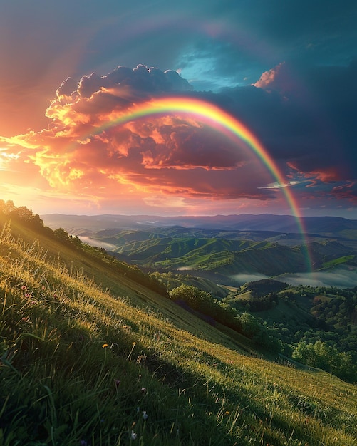 Photo a rainbow is seen over a mountain range