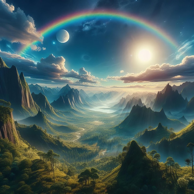 a rainbow is seen in the sky above the mountains