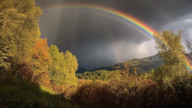 A rainbow is seen through the clouds in this image.