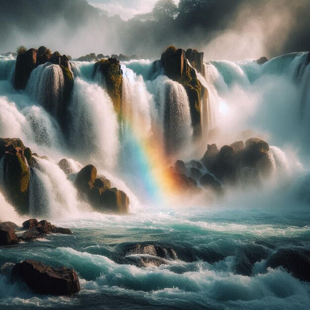 Photo a rainbow is seen in the water of a waterfall