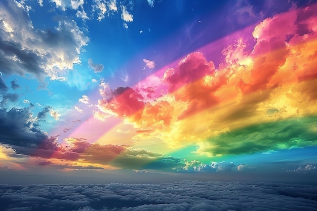 a rainbow is in the sky above the clouds