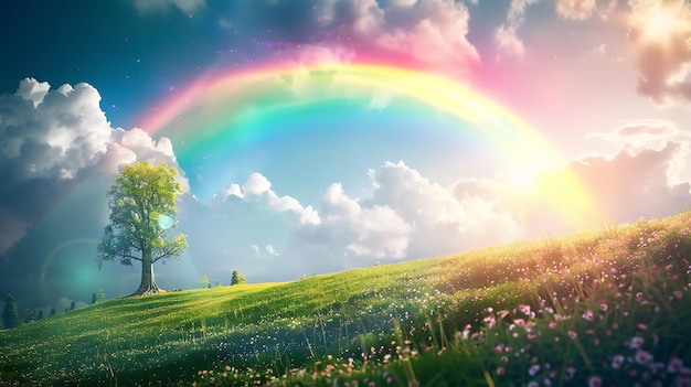 a rainbow is in the sky above a field of flowers