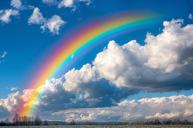 a rainbow is in the sky over a field of grass