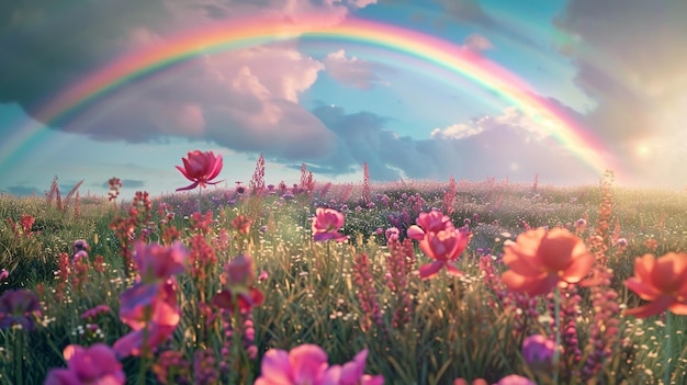 a rainbow is in the sky above flowers