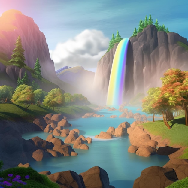 A rainbow is in the sky above a waterfall