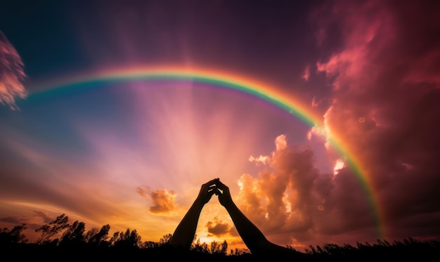 A rainbow is in the sky with hands over it.