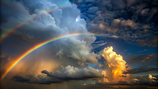 a rainbow is in the sky with the sun shining through clouds