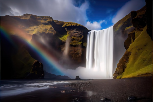 A rainbow is visible over a waterfall in iceland