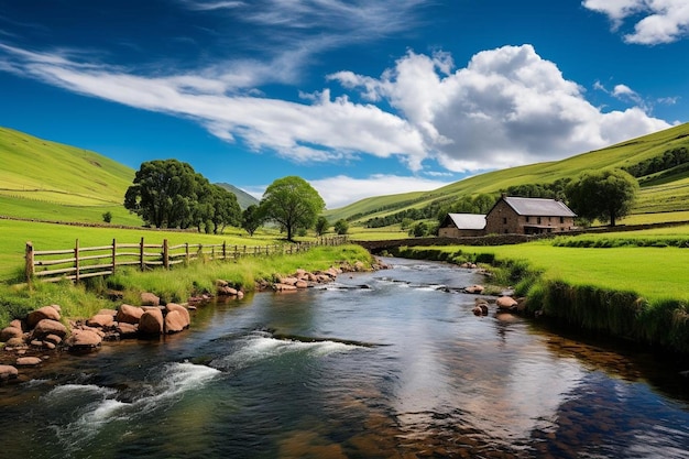 A rainbow and its reflection in a landscape of green meadows in cantabria spain