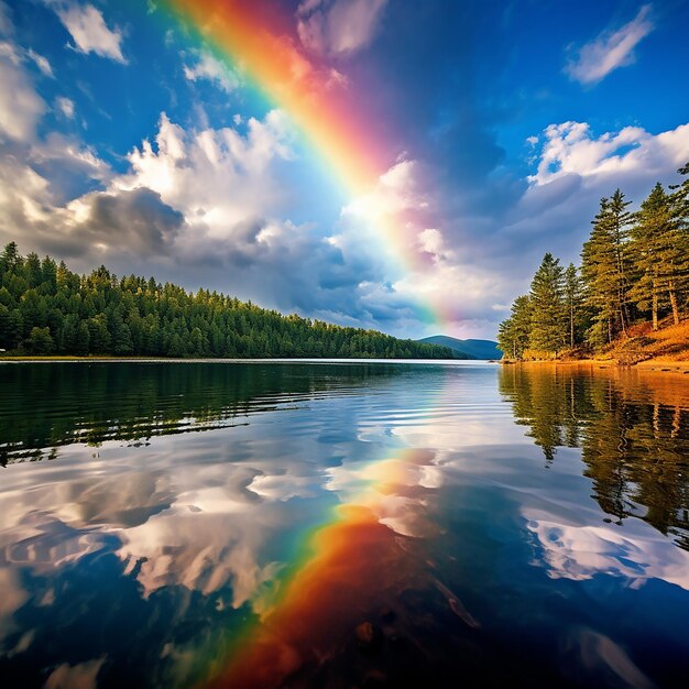 The rainbow above the lake is reflected in the water