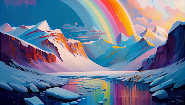 A rainbow over a lake with mountains and water