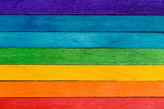 Rainbow LGBT pride flag made from painted wood planks