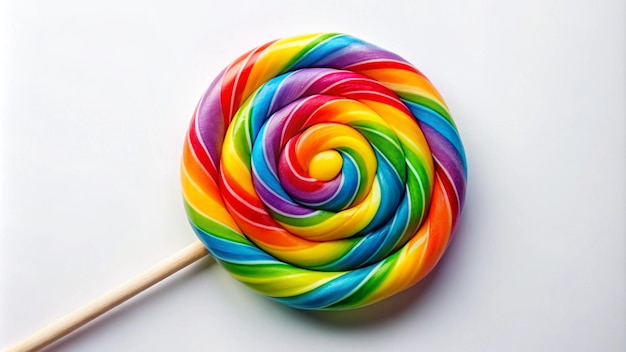 a rainbow lollipop is on a stick with a stick