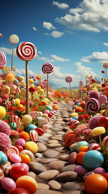 Photo a rainbow of lollipops in a garden of flowers