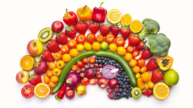 rainbow made of fruits and vegetables isolated on white background studio shot ar 169