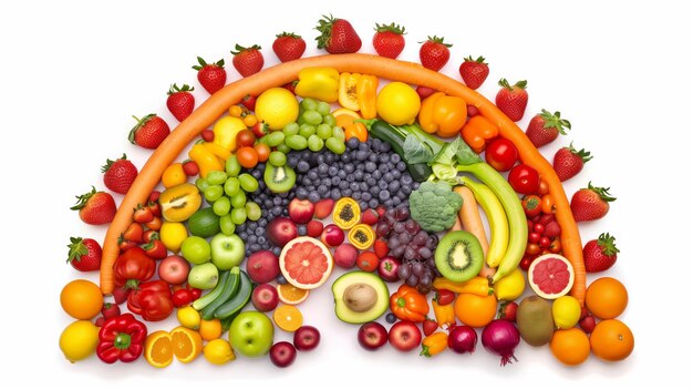 rainbow made of fruits and vegetables isolated on white background studio shot ar 169