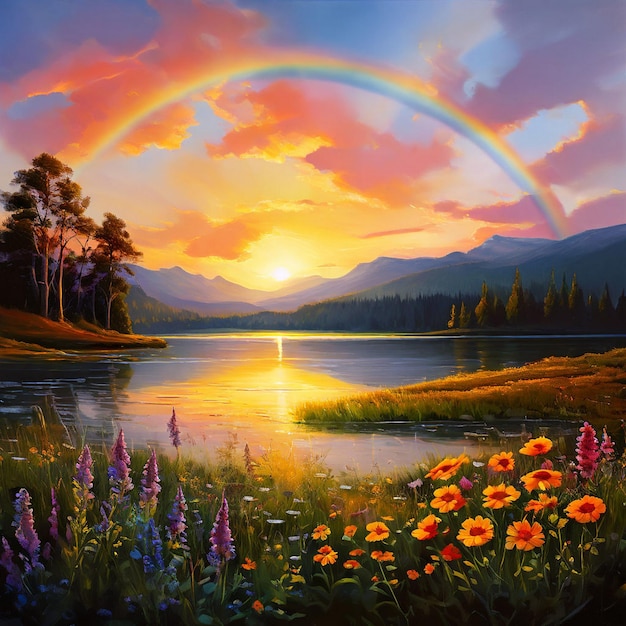 Rainbow Meadow Sunlight Colorful sky Green grass Wildflowers Blue sky Springtime Serene land