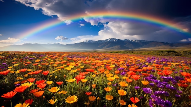 Rainbow Meadows Blooming Wildflowers in a Field with a Rainbow Behind