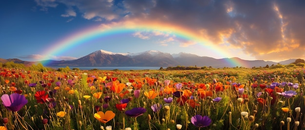 Rainbow Meadows Blooming Wildflowers in a Field with a Rainbow Behind