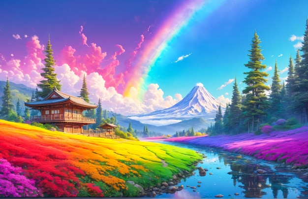 rainbow over the mountain Colorful Clouds Backgroundlandscape with rainbow