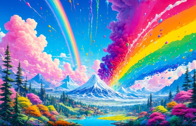 rainbow over the mountain Colorful Clouds Backgroundlandscape with rainbow