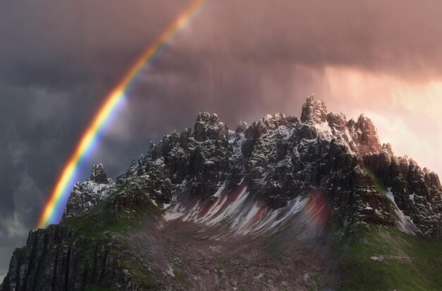 Rainbow over the mountain Picturesque scenery Mountain against cloudy sky Clouds floating on blue sky over mountain ridge Generative AI