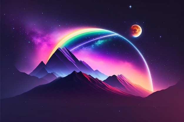 A rainbow over a mountain with a planet in the background