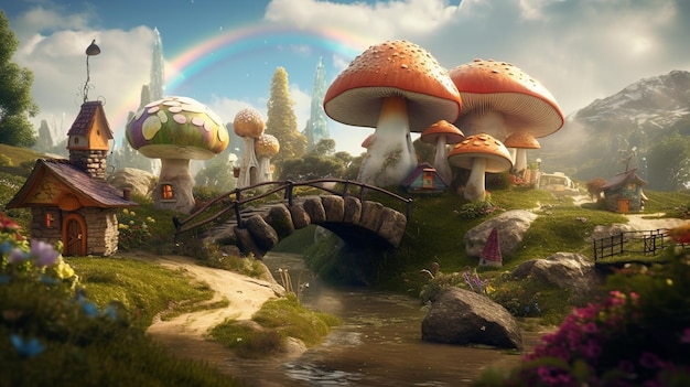 A rainbow over a mushroom village