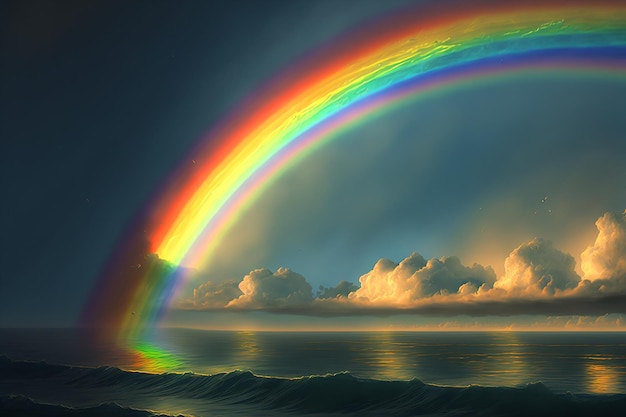 A rainbow over the ocean with the sky in the background