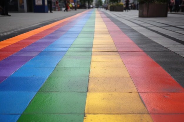 A rainbow painted sidewalk with a rainbow painted on it.