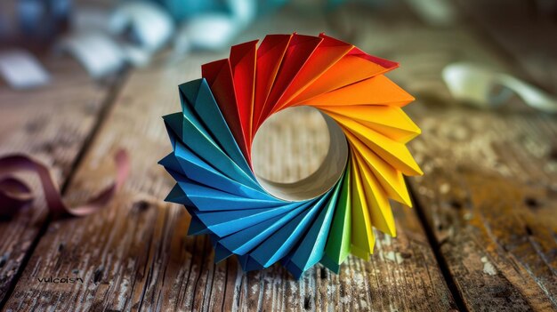 Photo rainbow paper circle on wooden surface