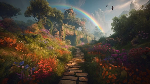 A rainbow over a path in a fantasy landscape