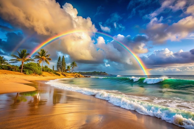 Rainbow over the popular surfing place Sunset Beach Oahu Hawaii