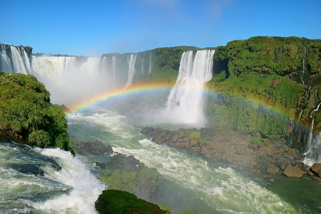 Rainbow over the Powerful Iguazu Falls at Brazilian Side in Foz do Iguacu Town of Brazil