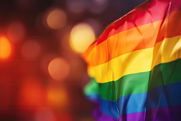 A rainbow Pride flag on bokeh background with copy space for text for pride day