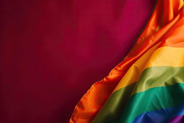 A rainbow Pride flag on maroon background with copy space for text for pride day