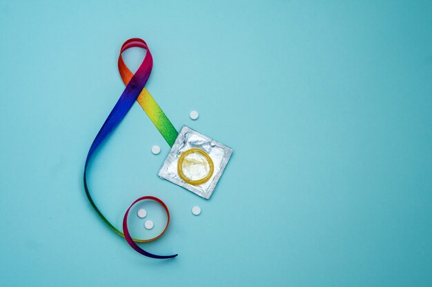 Rainbow ribbon awareness. LGBT community. World aids day. Symbolic concept for raising awareness campaign on people with HIV concept