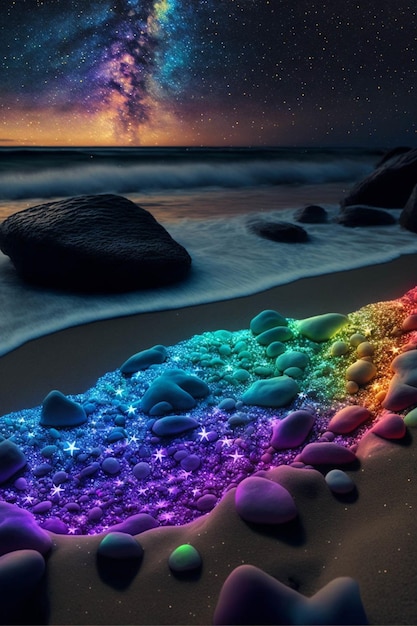 Rainbow of rocks on a beach next to the ocean generative ai