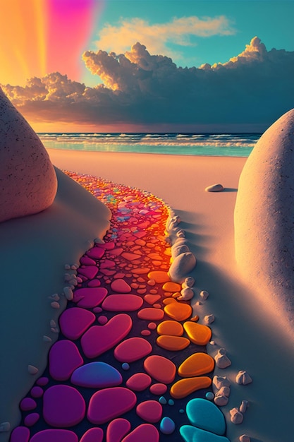 Rainbow of rocks on a beach at sunset generative ai