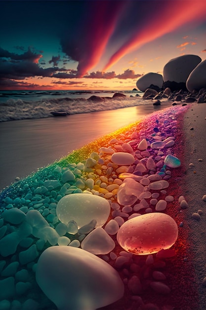 Rainbow of rocks on a beach at sunset generative ai