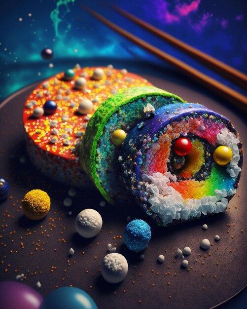 A rainbow roll is displayed with a rainbow roll on it.