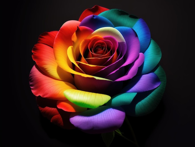 A rainbow rose is shown with the colors of the rainbow.