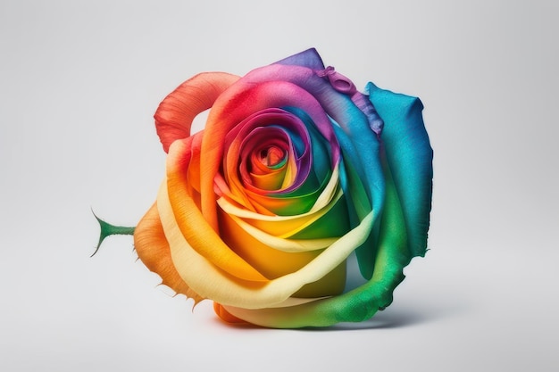 A rainbow rose with a heart shaped stem.