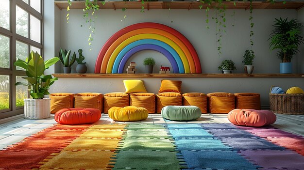 Photo a rainbow rug with a rainbow on it and a rainbow on the wall