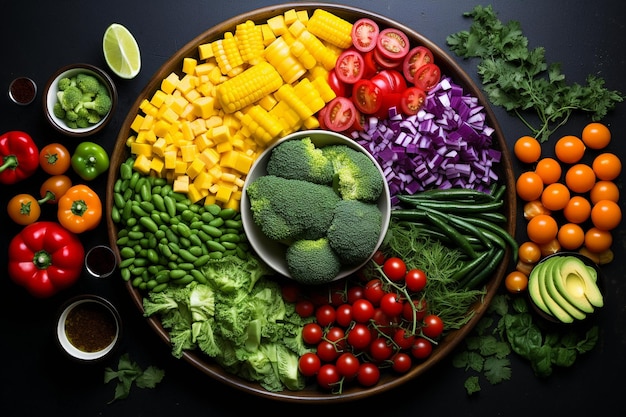 Photo rainbow salad with fresh vegetables top view