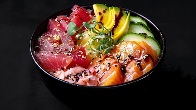 Photo rainbow sashimi bowl vibrant sashimi avocado cucumber and sushi rice on a sleek black background