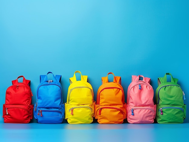 Photo rainbow school backpacks in a row