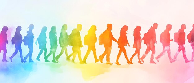 Photo rainbow silhouettes of people walking in a line